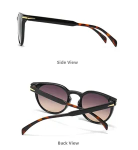 Detail of round frame sunglasses showing side and back view with gold arrow accents