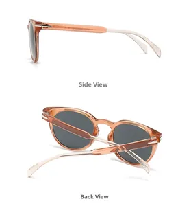 Detailed inner temple view of amber round sunglasses showing model and size markings