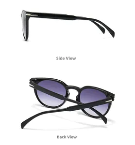 Detail view of black frame sunglasses showing metal accents and purple gradient lenses