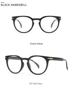 Front and 45-degree side views of black full-rim glasses with tortoiseshell temples