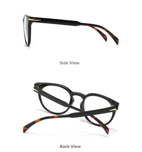 Detailed side and back view of round black eyeglass frames with tortoiseshell temples