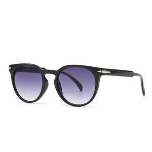 Classic round black frame sunglasses with purple gradient lenses and silver accents