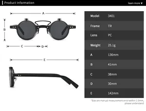 Detailed sizing chart and technical dimensions for these vintage style round sunglasses