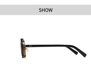 Side view of tortoise shell sunglasses featuring thick black temples and gold hinge rivets