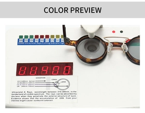 Detail showing UV400 protection test for retro round tortoiseshell sunglasses with metal bridge