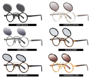 Collage of retro round flip-up sunglasses in six distinct frame colors for multiple styles