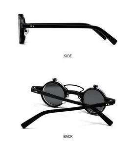 Detail view showing side and back angles of vintage matte black steampunk sunglasses