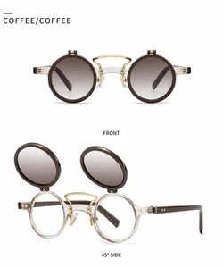 Steampunk round flip-up sunglasses in coffee tint with double-layered metal frame details