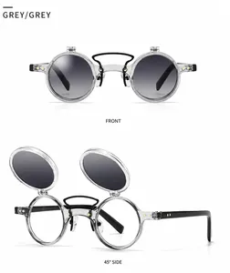 Retro flip-up round sunglasses with grey transparent frame and double layer lenses