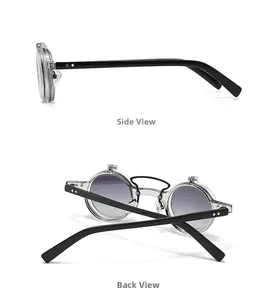 Side and back view of vintage flip-up round sunglasses with transparent frames