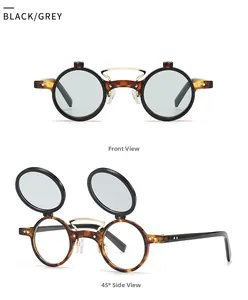 Retro steampunk round flip-up sunglasses with tortoiseshell frame and metal double bridge