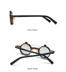 Detailed side and back view of retro round tortoiseshell sunglasses with metal double bridge
