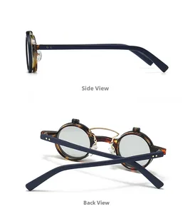 Side and back view of retro flip-up round sunglasses with tortoiseshell texture frames