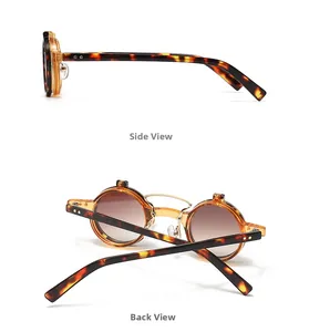 Side and back view of retro tortoiseshell sunglasses with flip-up lenses and metal bridge