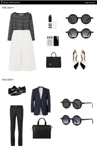 Flat lay di occhiali da sole rotondi vintage con outfit di moda chic per uomo e per donna