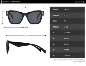 Detailed size chart for oversized metal sunglasses with frame dimensions in millimeters