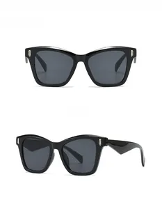 Front and side view of oversized black square sunglasses with silver metal accents