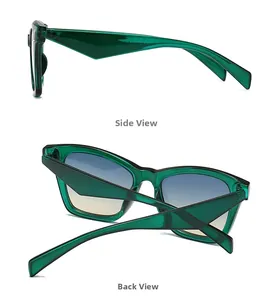 Detail view of oversized green frame sunglasses showing side temple and back structure