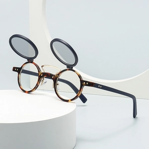 Retro round flip-up sunglasses with tortoiseshell frame and golden metal bridge