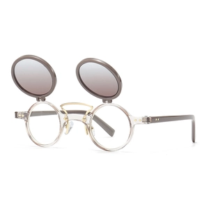 Steampunk double layer flip-up sunglasses with round transparent frames and metal bridge