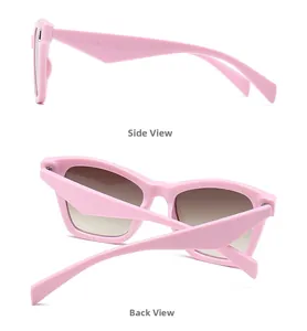 Side and back views of oversized pink rectangle sunglasses with brown gradient lenses