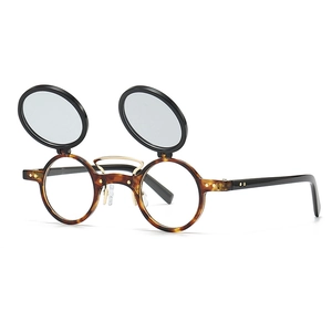 Retro steampunk double flip-up round sunglasses with tortoise shell and black frames