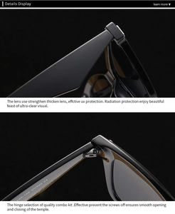 Macro view of metal oversized sunglasses showing UV400 lens and precision hinge detail