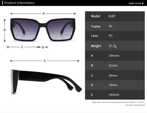 Size chart showing dimensions and specifications for square oversized PC frame sunglasses