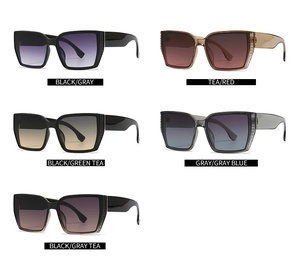 Detailed flat lay of oversized square sunglasses in various lens colors and frame finishes