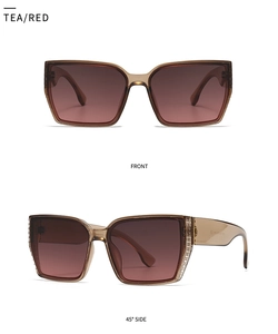 Detail view of tea red gradient square sunglasses with rhinestone temples and 45° angle