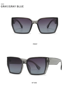 Front and 45-degree side view of gray square oversized sunglasses with gradient blue lenses