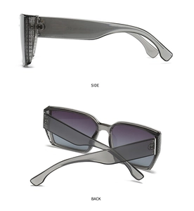 Detail view of square gradient purple lenses and grey translucent frame side with CE mark