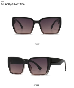 Front and side view of oversized square black sunglasses with gray tea gradient lenses