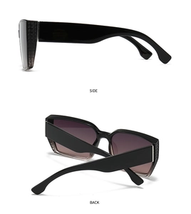 Detailed side and back view of oversized square sunglasses with textured temples