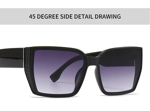 45-degree side view of oversized square sunglasses with black frame and gradient purple lens