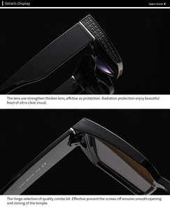 Detail of square sunglasses hinge with diamond texture and model 9187 laser engraving