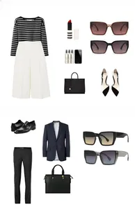 Fashion collage showing trendy square sunglasses styled with luxury apparel and bags