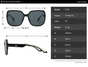 Size chart for square oversized sunglasses with frame dimensions and material details