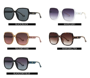 Detailed grid showing square oversized sunglasses in five gradient colors with metal hinges