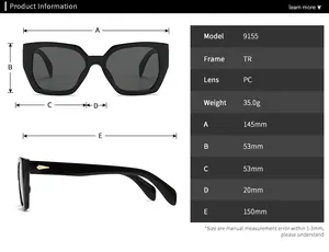 Detailed size chart for retro polygon sunglasses 9155 with TR frame and PC lens specs