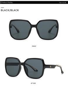 Front and side detail views of square black sunglasses with luxury metal logo hinges