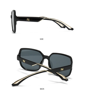 Close-up of square sunglasses side and back view with gold metal logo temple detail