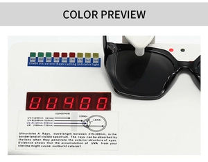 Close-up of polygon black sunglasses showing UV400 protection test on professional device