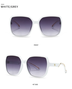 Front and side view of white square sunglasses with grey gradient lenses and gold logo