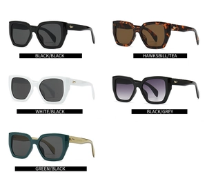 Multiple colors of polygon sunglasses with vintage cat-eye frames and metal accents