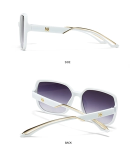 Detail view of white square sunglasses showing side and back view with golden accents