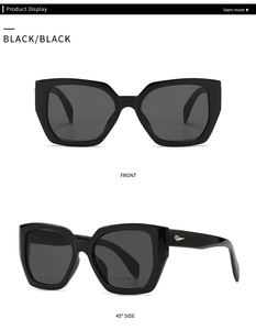 Detailed front and 45-degree side views of black polygon sunglasses with gold accents