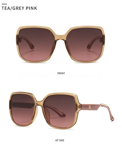 Front and 45-degree side view of tea-colored square sunglasses with grey pink gradient lenses