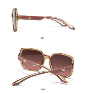 Detail view of square brown sunglasses with golden H-logo and purple metallic temples