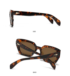 Side and back view of retro tortoiseshell square sunglasses with gold arrow accents